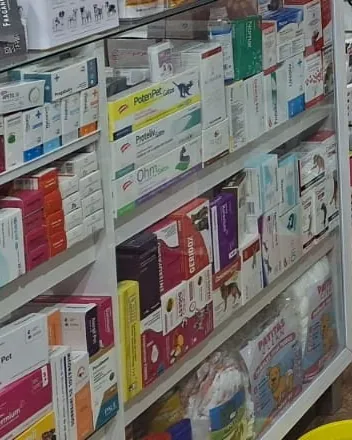 Vitrina de la farmacia veterinaria con cajas de medicamentos ordenadas en estantes