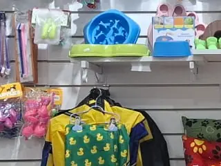 Comedero lento, comederos y pilotos para lluvia exhibidos en el pet shop